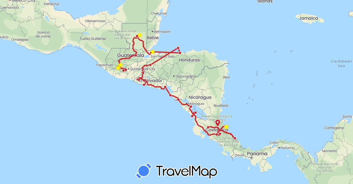 TravelMap itinerary: driving, itinéraire parcouru in Costa Rica, Guatemala, Honduras, Nicaragua, El Salvador (North America)
