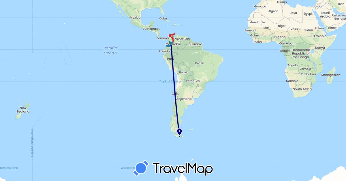 TravelMap itinerary: driving, itinéraire prévu, itinéraire parcouru in Argentina, Colombia (South America)
