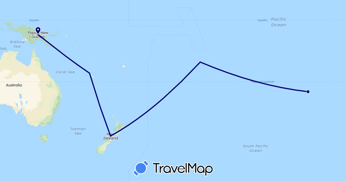 TravelMap itinerary: driving in Chile, France, New Zealand, Papua New Guinea (Europe, Oceania, South America)