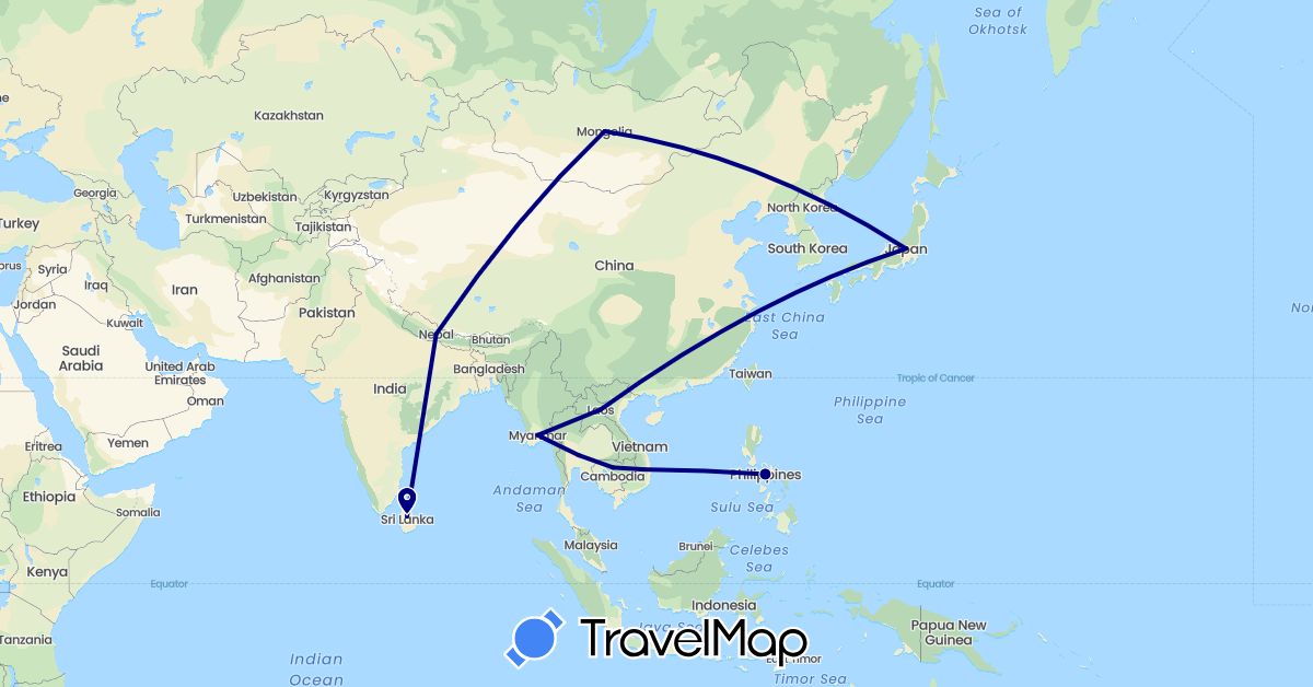TravelMap itinerary: driving in Japan, Cambodia, Laos, Sri Lanka, Myanmar (Burma), Mongolia, Nepal, Philippines, Thailand, Vietnam (Asia)