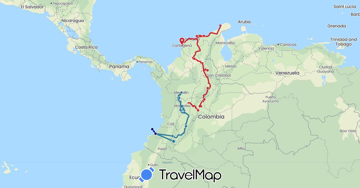 TravelMap itinerary: driving, itinéraire prévu, itinéraire parcouru in Colombia (South America)